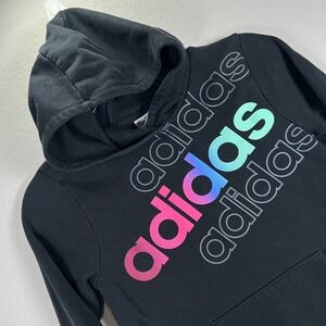 Adidas Hoodie Pullover‎ Sweatshirt Graphic Logo Black Casual Kids Size M